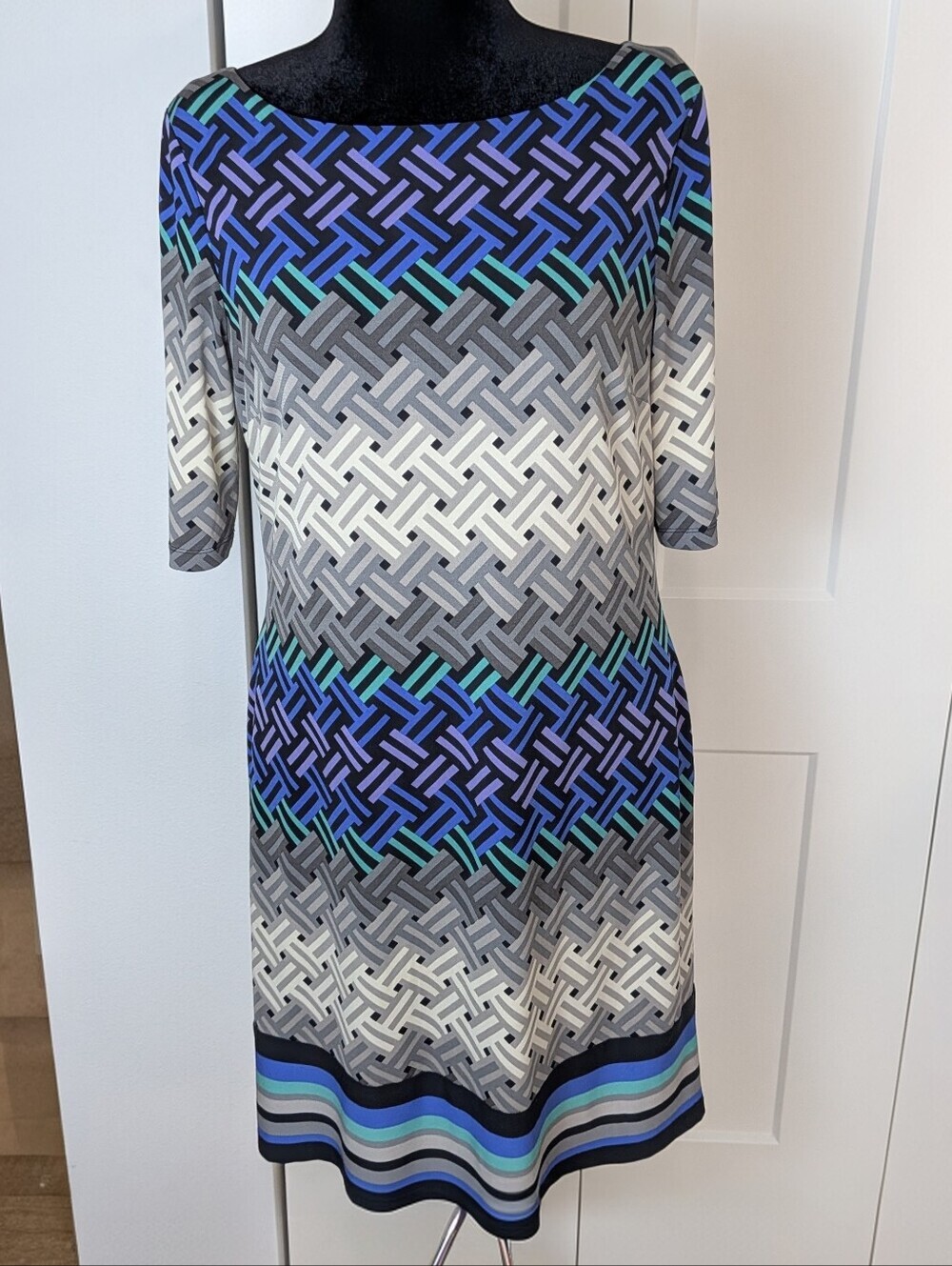 Jessica Howard Mini Dress Blue Grey Slinky Travel Knit Liquid Stretch Sz 16 EUC
